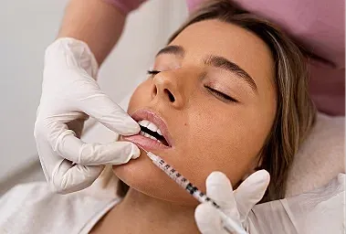 Woman receiving lip filler injection in clinic.