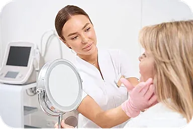 Beauty treatment consultation between two women.