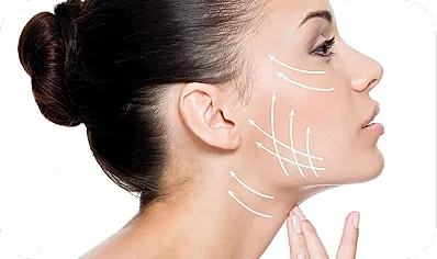 Profile of woman with facial treatment arrows.