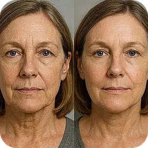 Before and after facial treatment comparison.