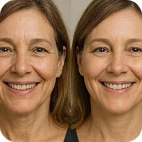 Woman smiling, side-by-side comparison, natural light.