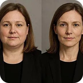 Before and after transformation portrait of woman.